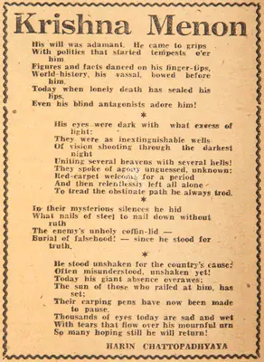 Harindranath Chattopadhyay (Poet), Krishna Menon, 1974, Poem