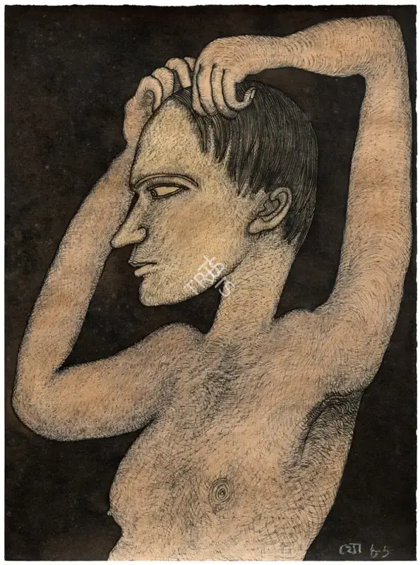 Jogen Chowdhury (Artist), Man Dressing his Hair, 1986, Painting