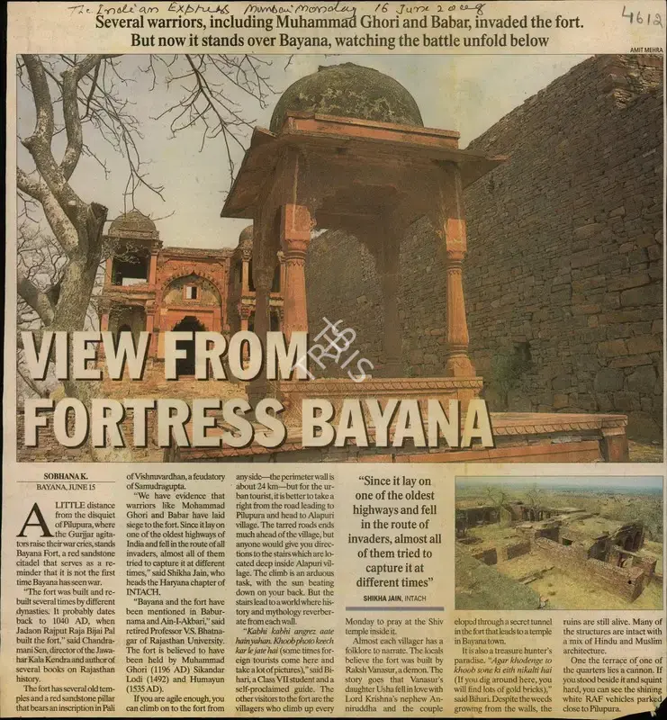 Shikha Jain (Reporter), View From Fortress Bayana, 2008, Newspaper Clipping