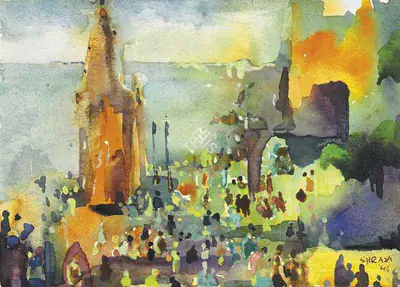 S.H. Raza (Artist), Untitled (Cityscape), 1946, Painting