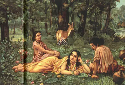 Raja Ravi Varma (Artist), Shakuntala Writing a Letter on a Leaf in a Daydream with Two Others, Chromolithograph