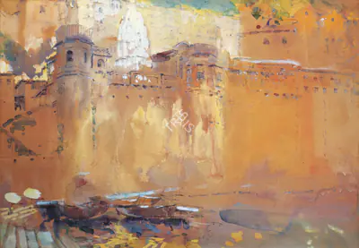 N.S. Bendre (Artist), Om Kareshwar Temple At Omkareshwar, Madhya Pradesh (On The Confluence Of Narmada And Kaveri), 1940, Painting