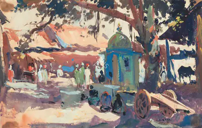 S.H. Raza (Artist), Untitled (Village Scene), 1949, Painting