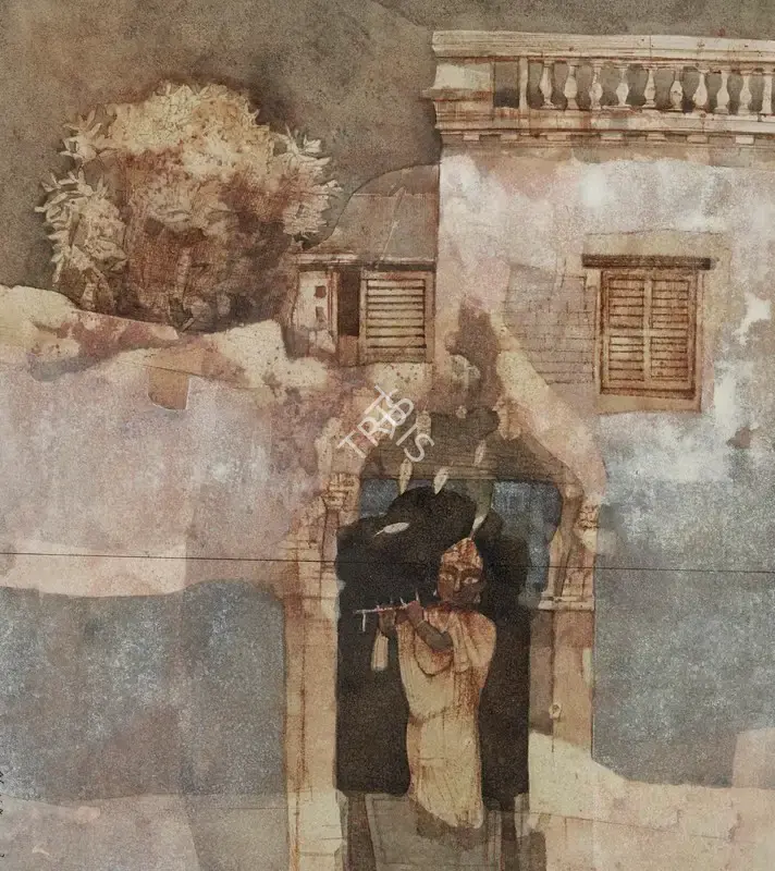Ganesh Pyne (Artist), Untitled (Krishna with Flute), 1979, Painting