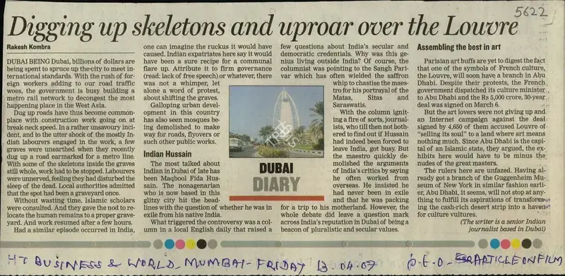 Rakesh Kombra (Writer), Digging Up Skeletons And Uproar Over the Louvre, 2007, Newspaper Clipping