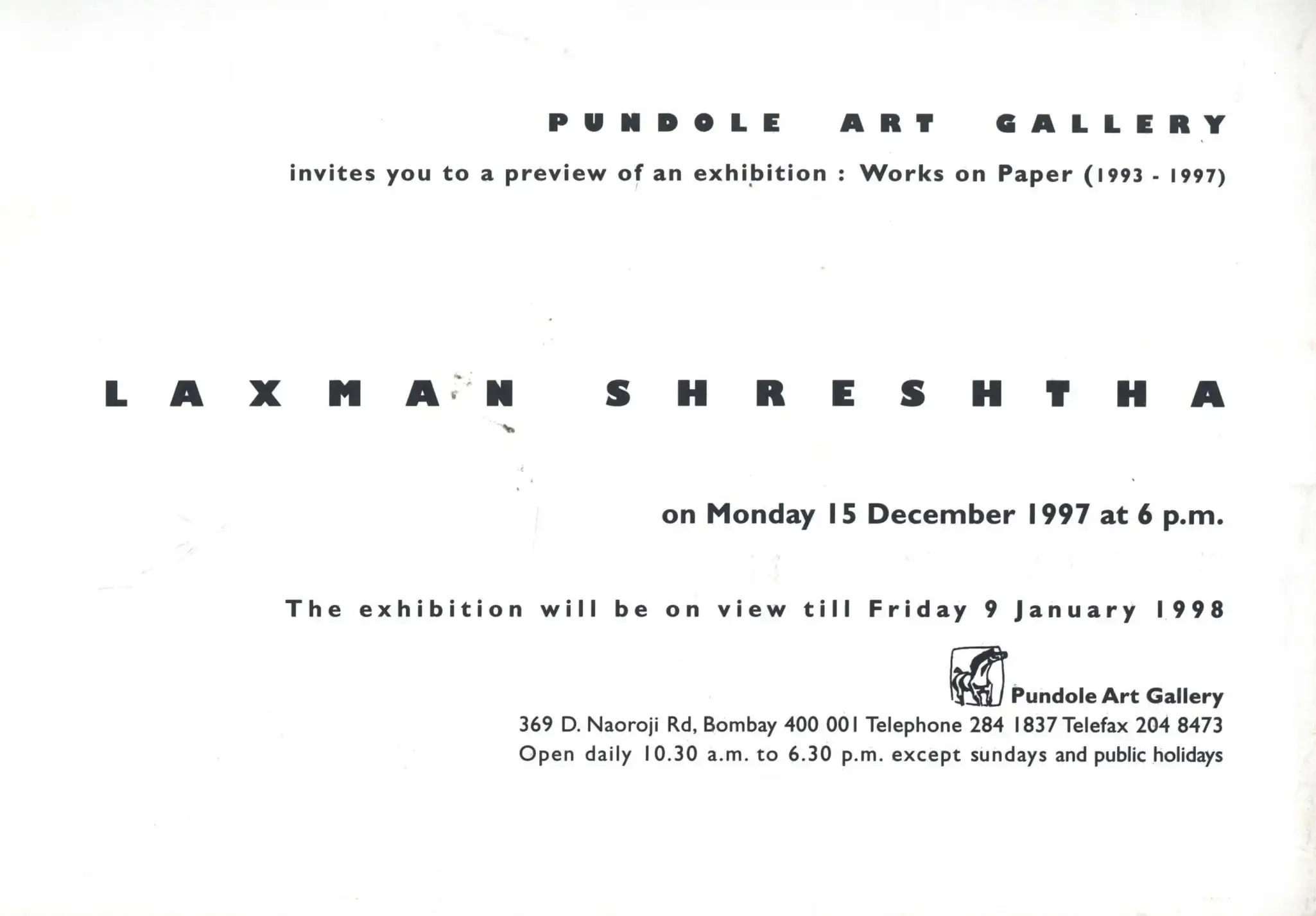 Laxman Shreshtha (Artist), Laxman Shreshtha, 1997, Solo Exhibition Invitation