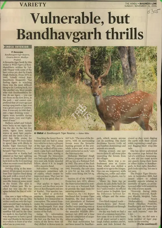 P. Devarajan (Reporter), Vulnerable, but Bandhavgarh thrills, 2006, Newspaper Clipping