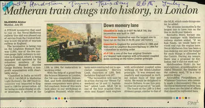 Rajendra Aklekar (Reporter), Matheran Train Chugs Into History, In London, Newspaper Clipping
