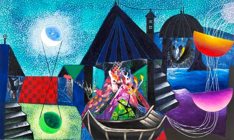 Manu Parekh (Artist), Sun/Moon Reflection at Varanasi, 2011, Painting