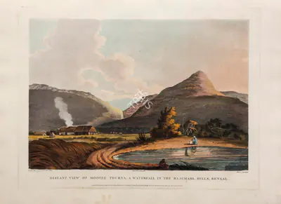 Fellows (Printmaker), Distant View of Mootee Thurna, a Waterfall in the Rajemahl Hills, Bengal, 1802, Aquatint