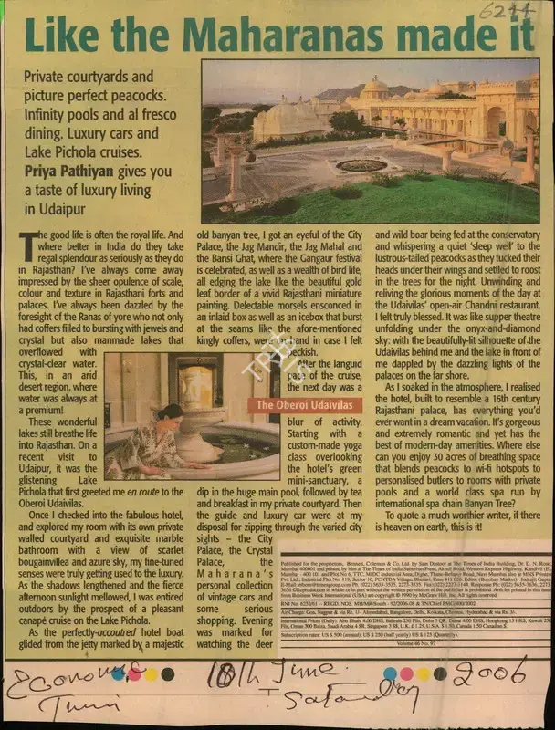 Priya Pathiyan (Reporter), Like the Maharanas made it, 2006, Newspaper Clipping