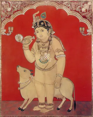 Tanjore School (Artist), Krishna and Nandi, 1910, Painting