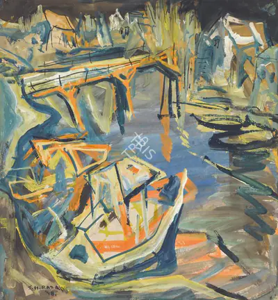S.H. Raza (Artist), Untitled (Bridge with Boat), 1948, Painting