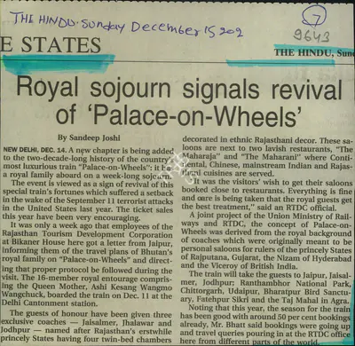 Sandeep Joshi (Reporter), Royal Sojourn Signals Revival of 'Palace-On-Wheels', 2002, Newspaper Clipping