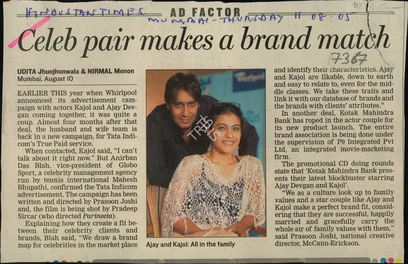 Udita Jhunjhunwala (Reporter), Celeb pair Makes a Brand Match, 2005, Newspaper Clipping
