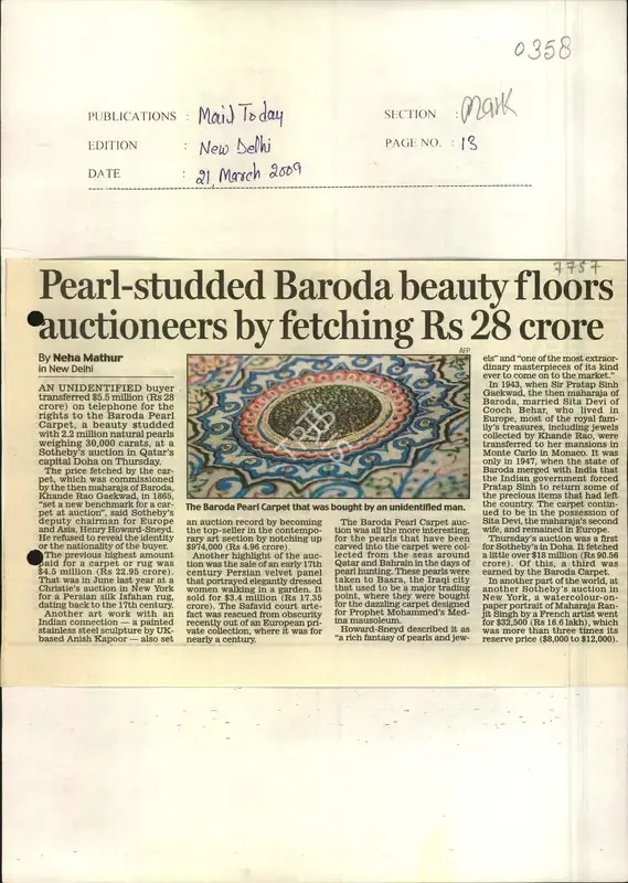 Neha Mathur (Reporter), Pearl Studded Baroda Beauty Floors Auctioneers by Fetching Rs 28 Crore, 2010, Newspaper Clipping