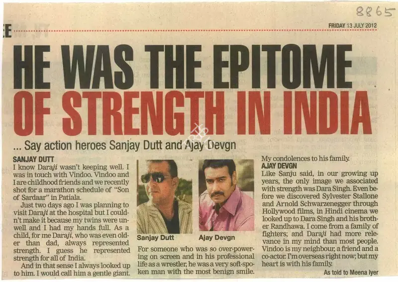 Meena Iyer (Writer), He Was The Epitome of Strength in India, 2012, Newspaper Clipping