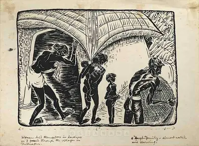 Chittaprosad (Artist), A Bagadi Family- Almost Naked And Starving, 1944, Drawing