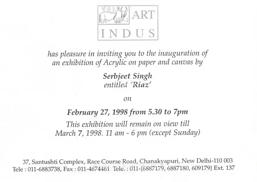 Serbjeet Singh (Artist), Riaz', 1998, Solo Exhibition Invitation