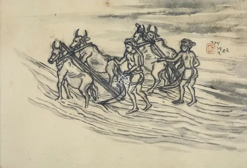 Nandalal Bose (Artist), Untitled (Ploughing), 1949, Drawing