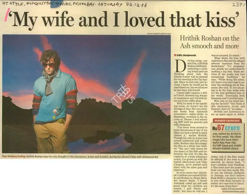 Udita Jhunjhunwala (Reporter), My Wife and I Loved That Kiss, 2006, Newspaper Clipping