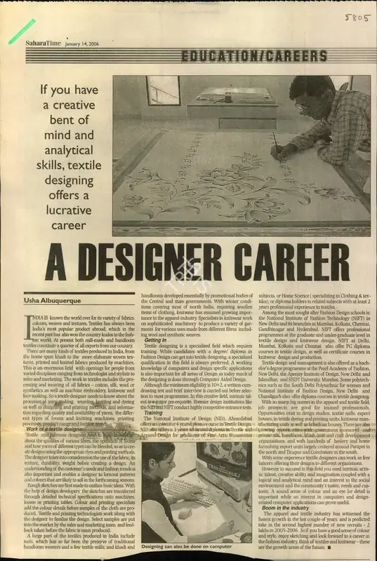 Usha Albuquerque (Writer), A Designer Career, 2006, Newspaper Clipping