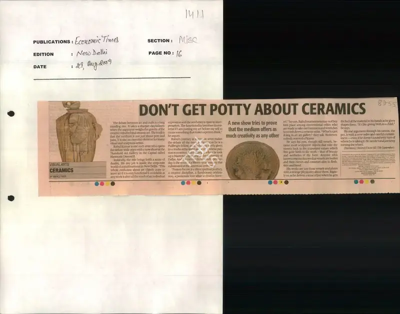 Manoj Nair (Reporter), Don't Get Potty about Ceramics, 2009, Newspaper Clipping