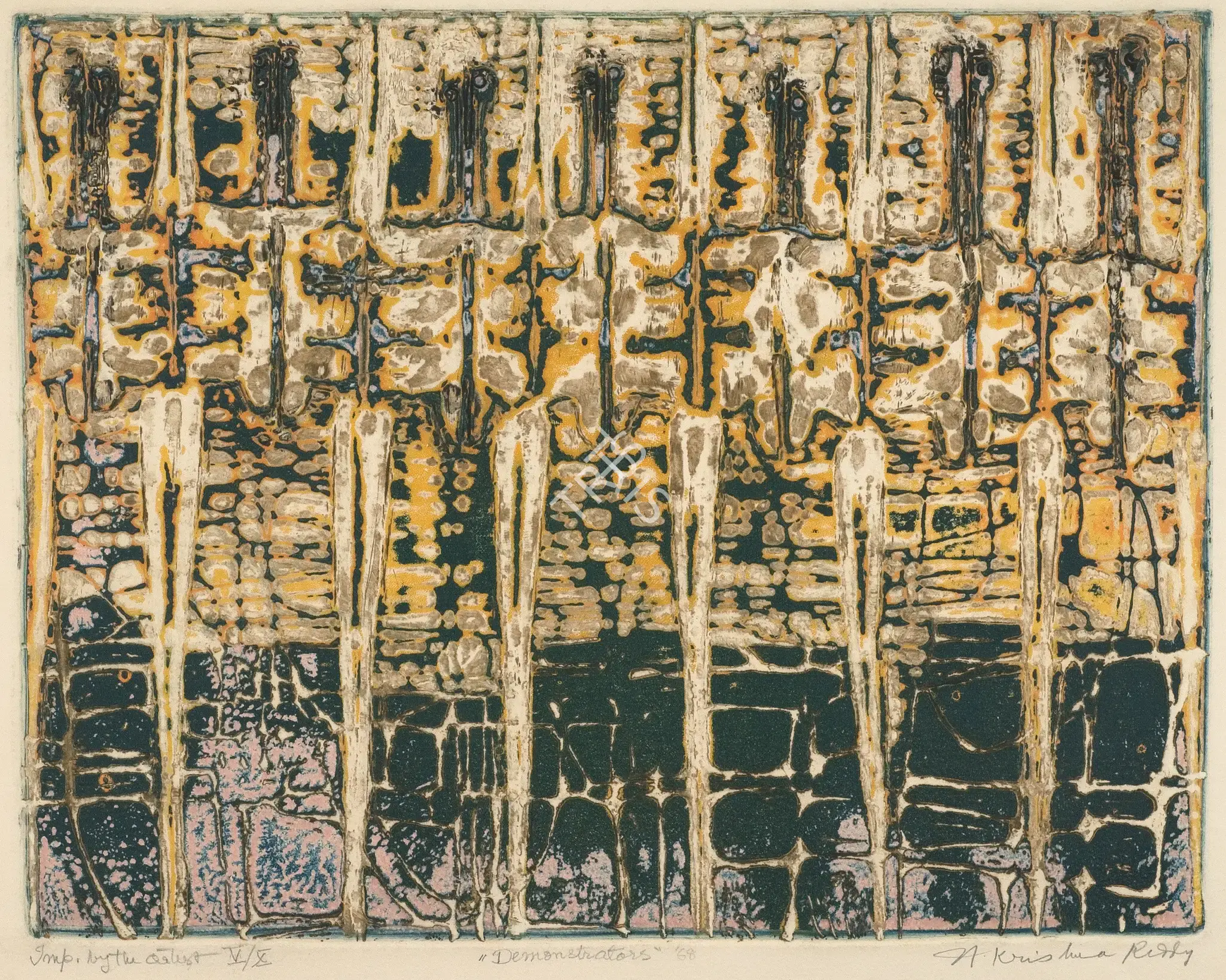 Krishna Reddy (Artist), Demonstrators, 1968, Graphic Art
