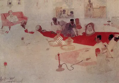 Abanindranath Tagore (Artist), Office of the Zamindar with Portrait of Artist and His Officer in the Typical Locale of Kancharibari, Shahjadpur Series, Painting