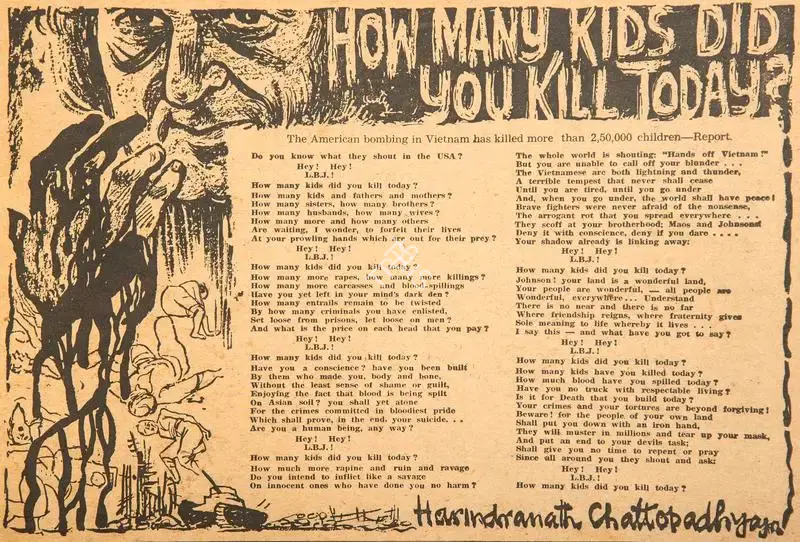 Harindranath Chattopadhyay (Poet), How Many Kids Did You Kill Today ?, 1966, Poem