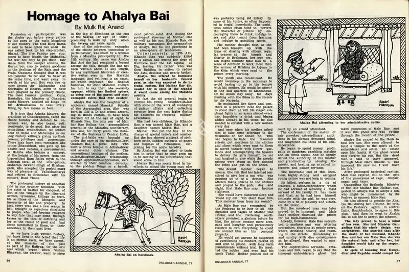Mulk Raj Anand (Essayist), Homage to Ahalya Bai, 1977, Essay