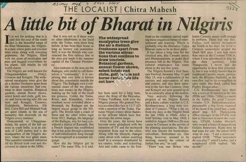 Chitra Mahesh (Writer), A Little Bit Bharat in Nilgiris, 2005, Newspaper Clipping