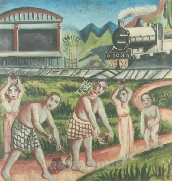 Justin P. Daraniyagala (Artist), Landscape With Train And Farm Labourers, 1937, Painting