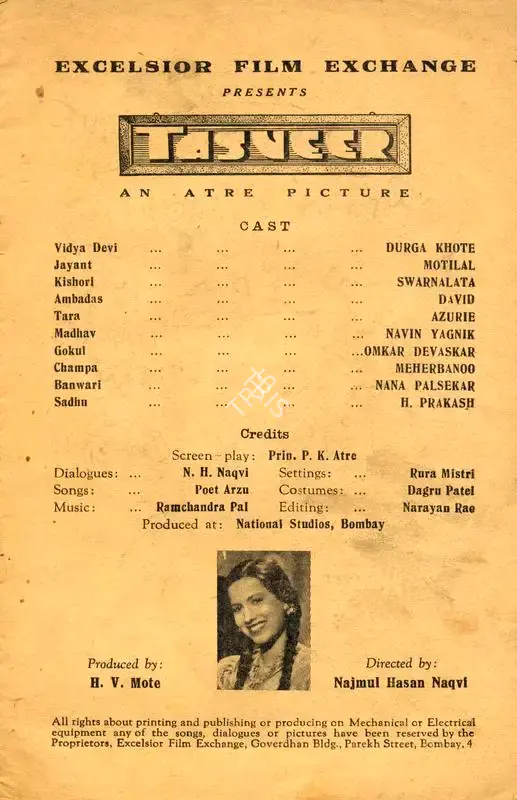 H.V. Mote (Producer), Tasveer, 1943, Song-Synopsis Booklet