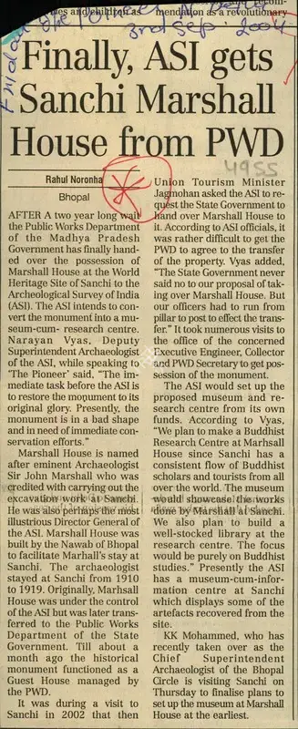 Rahul Noronha (Reporter), Finally, ASI Gets Sanchi Marshall House From PWD, 2004, Newspaper Clipping