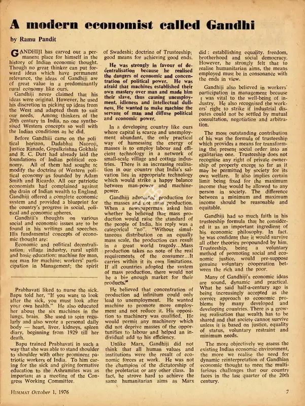 Ramu Pandit (Essayist), A Modern Economist Called Gandhi, 1976, Essay