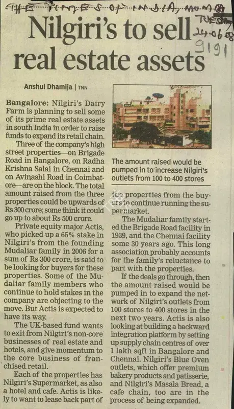 Anshul Dhamija (Reporter), Nilgiri's to Sell Real Estate Assets, 2006, Newspaper Clipping