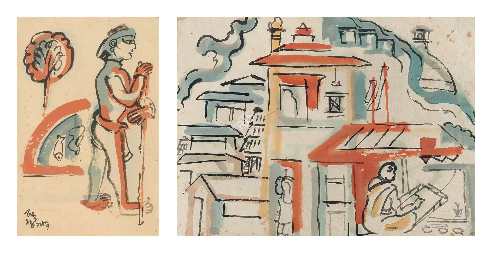 Mukherjee, B.B. (Artist). Patna: Figure With Fish Pond, 1957 | Painting, Ch.NeY/21.03.12, 2012 · Christie's