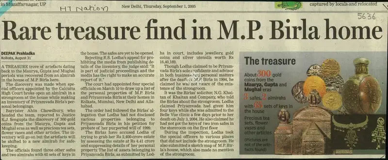 Deepak Prahladka (Reporter), Rare Treasure Find in M.P.Birla Home, 2005, Newspaper Clipping