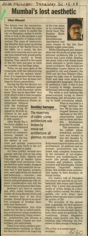 Vikas Dilawari (Reporter), Mumbai's lost Aesthetic, 2006, Newspaper Clipping