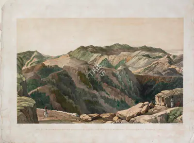 T. Picken (Lithographer), The Mission Bungalow and School House, Theog, - The Forests of Mahassone and Phago in the distance - Sunrise., 1852, Lithograph