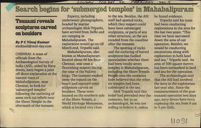 P.C. Vinoj Kumar (Reporter), Search begins For 'Submerged Temples'in Mahabalipuram, 2005, Newspaper Clipping
