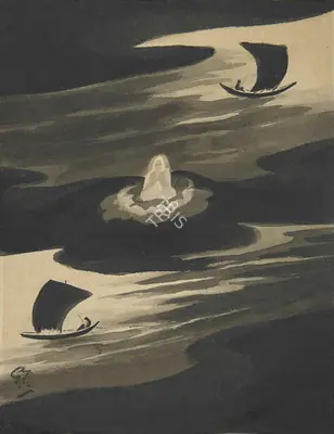 Gaganendranath Tagore (Artist), Epar Ganga Opar Ganga Madhikhane Char Tari Maddhye Base Aachen Shiv Saudagar, 1929, Painting