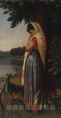 Jogesh Chandra Seal (Artist), Untitled (Woman With A Peacock), 1919, Painting