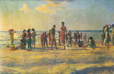 J.P. Gangooly (Artist), Dawn on Puri Beach, 1919, Painting