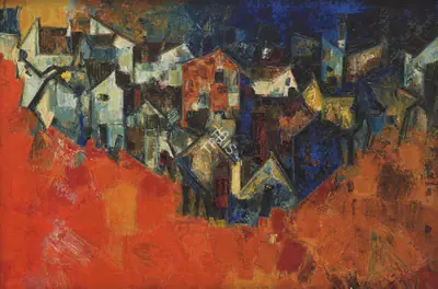 S.H. Raza (Artist), Untitled (Village), 1956, Painting