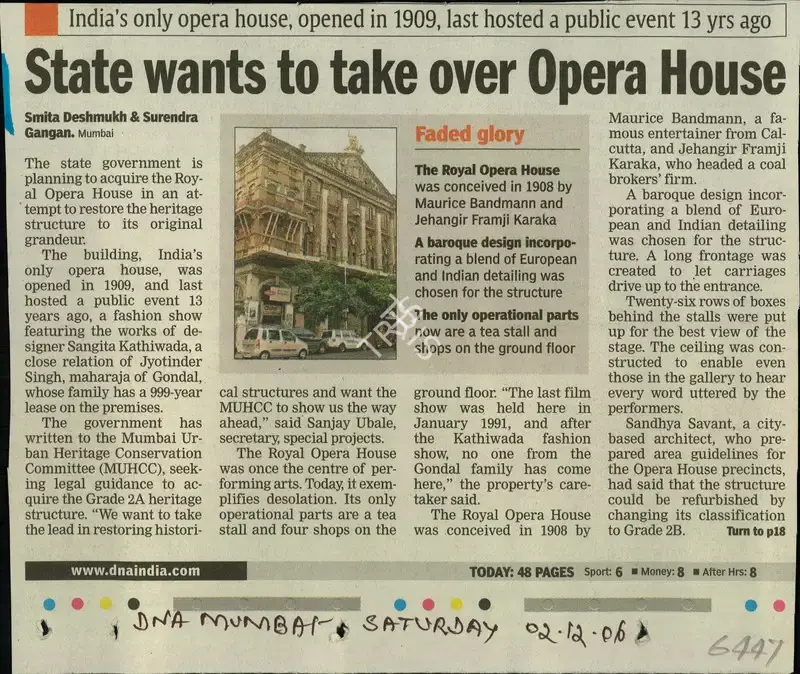 Smita Deshmukh (Reporter), State wants to take over Opera House, 2006, Newspaper Clipping