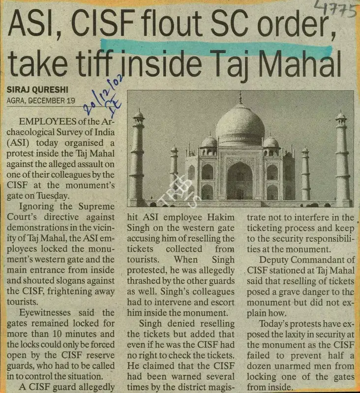 Siraj Qureshi (Reporter), ASI, CISF Flout SC Order, take tiff Inside Taj Mahal, 2002, Newspaper Clipping