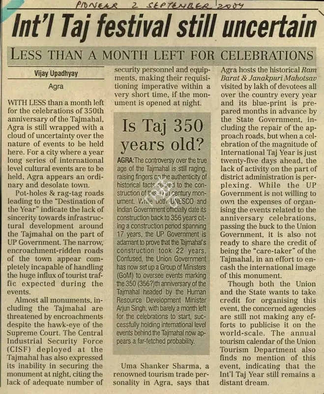 Vijay Upadhyay (Reporter), Int'l Taj Festival Still Uncertain, 2004, Newspaper Clipping