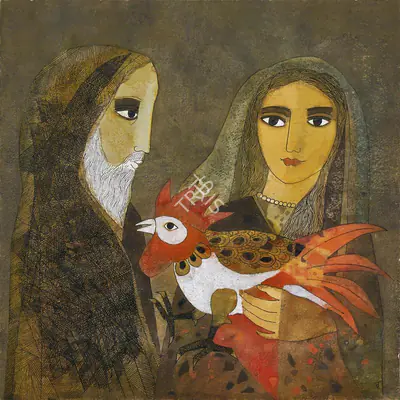 Badri Narayan (Artist), Kukkuta Jataka, 1990, Painting